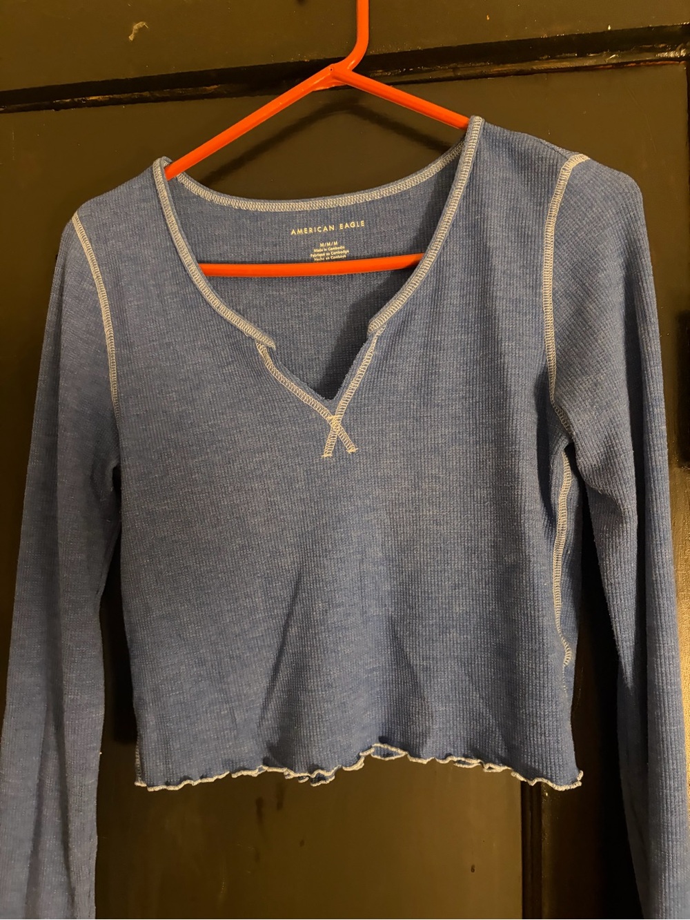 American Eagle Outfitters Blue Ribbed Long-Sleeve Notch Crop Top